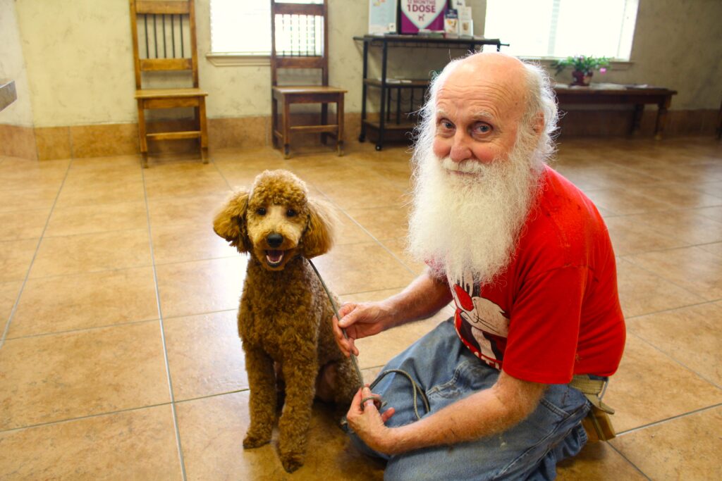 Elderly man with a long white beard sitting on a floor with a smiling brown poodle.