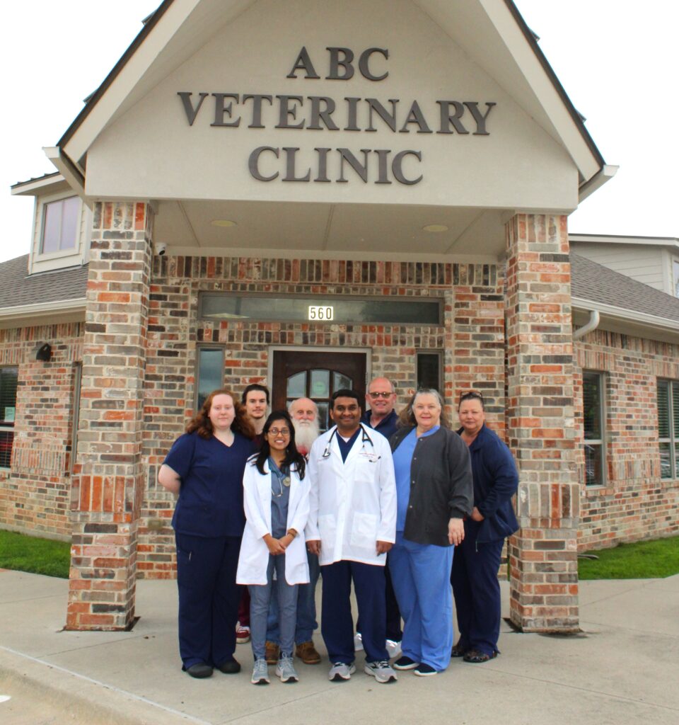 Group of seven medical staff in front of a veterinary clinic.